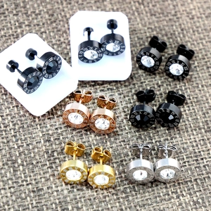 Punk style stainless steel stud earrings with Roman numerals and crystal inlays