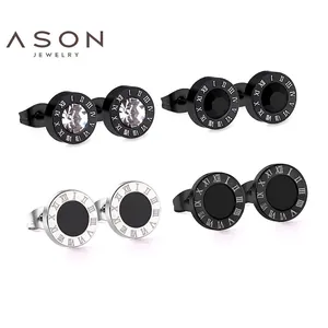 Set of four punk style stainless steel stud earrings with Roman numerals and zircons