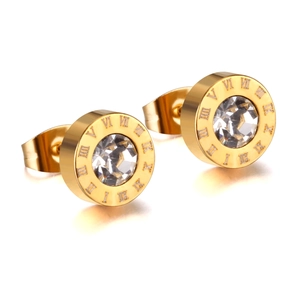 Punk style gold stainless steel stud earrings with shell crystal and Roman numerals