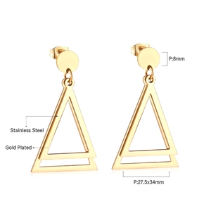 Detail view of gold plated stainless steel geometric triangle earrings with dimensions