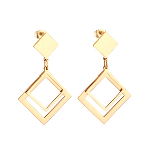 Detailed view of geometric gold-plated stainless steel earrings with square dangles