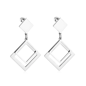 Detailed view of geometric square drop earrings with shiny silver polished finish