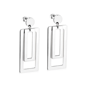 Macro shot of geometric double-layered rectangular drop earrings in polished silver steel