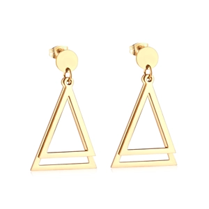Polished gold geometric earrings with round studs and double triangular drop charms
