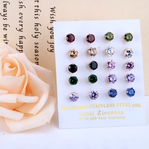 Set of 10 pairs 316L stainless steel cubic zirconia stud earrings in assorted colors