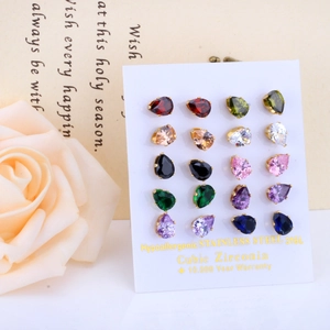 Set of 10 pairs of 316L stainless steel teardrop earrings with colorful cubic zirconia
