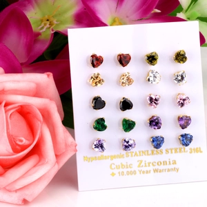 Set van 10 paar hartvormige zirkonia oorknopjes van 316L roestvrij staal mix