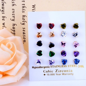 Set of 10 pairs of 316L stainless steel heart-shaped cubic zirconia stud earrings