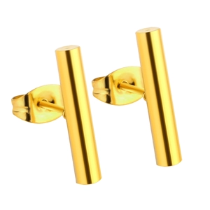 Minimalist 18K gold plated stainless steel cylindrical stud earrings on white background