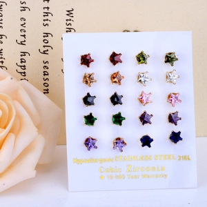 Set of 10 pairs of 316L stainless steel star-shaped earrings with colorful cubic zirconia