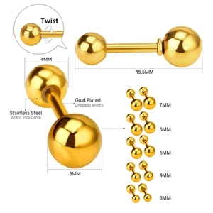 Boucles d'oreilles boules classiques en acier doré avec fermoir à vis, cinq tailles
