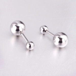 Boucles d'oreilles barbell en acier inoxydable argenté poli avec double boule ronde