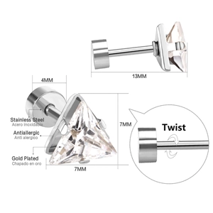Technical view showing dimensions of triangle cubic zirconia stainless steel stud earrings