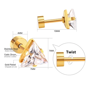 Macro detail of gold plated stainless steel triangle stud with secure twist back