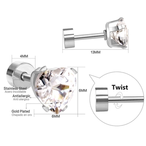 Macro view of heart-shaped gold-plated stainless steel stud earrings with twist closure