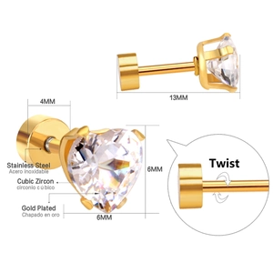 Detailed view of stainless steel heart studs with 6mm cubic zircon and twist-on backings