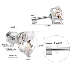 Detailed size chart of gold-plated stainless steel teardrop rhinestone stud earrings