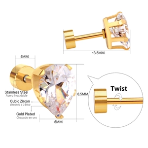 Macro detail of heart-shaped gold-plated stud with screw back and cubic zirconia stone