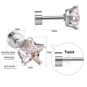 Detail of star-shaped stainless steel stud earring with twist screw back and measurements