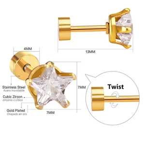 Detailed view of gold star stud earring with twist screw back and cubic zirconia stones