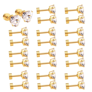 Macro detail of 12 pairs of gold stainless steel stud earrings with heart and round zircons