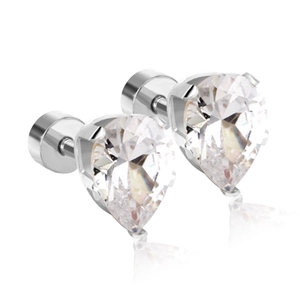Macro detail of pear-cut clear crystals on silver stainless steel screw-back earrings