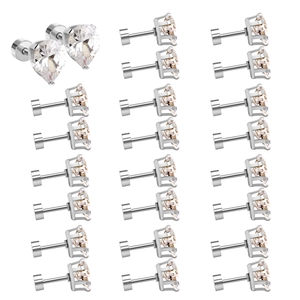Macro detail of silver stainless steel screw back earrings with pear and round cut crystals