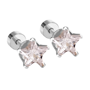 Macro shot of silver star stud earrings with clear zircon and flat back screw design