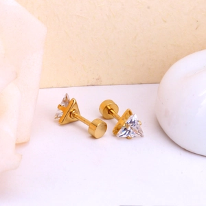 Detail of triangle cut zircon stud earrings with flat back screw in golden finish
