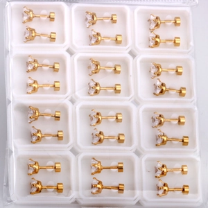 Bulk set of 12 gold plated stainless steel stud earrings with round clear cubic zirconia