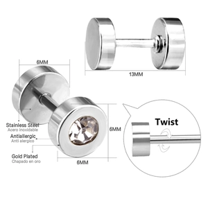 Detail of 6mm stainless steel stud earring with screw back and clear round zircon