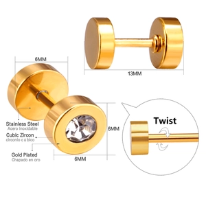 Macro detail of 6mm gold plated stainless steel barbell earrings with white cubic zirconia