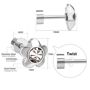 Close-up of 7mm flower earring with crystal inlay and secure twist screw back design