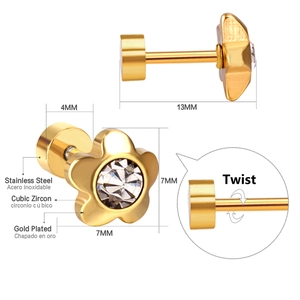 Detailed view of gold plated stainless steel flower stud with cubic zirconia and twist back