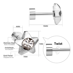 Detailed view of 7mm star cubic zirconia stud earring in silver stainless steel