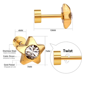 Detailed view of gold star stud earring with cubic zirconia and screw back closure