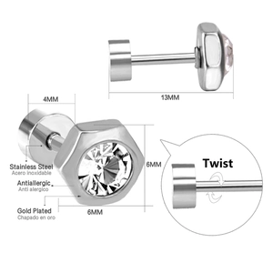 Stainless steel hexagonal stud earrings with cubic zirconia shown from three angles