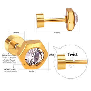 Classic gold-plated stainless steel hexagonal stud earrings with sparkling cubic zirconia
