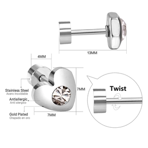 Macro view showing 7mm heart-shaped stainless steel stud earring with size specifications