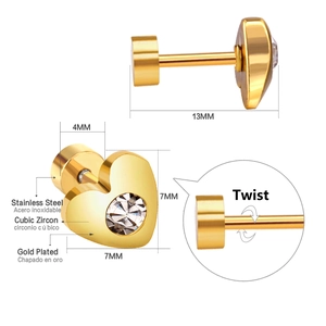 Detail of 7mm gold plated heart stud earring with cubic zirconia and screw back