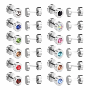 Set of 12 pairs of stainless steel barbell earrings with multicolor zircon stones