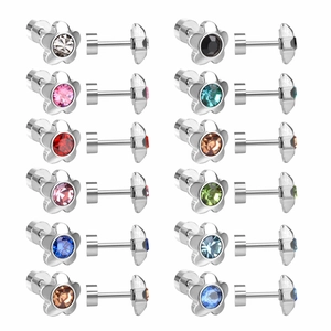 Close-up of small flower labret studs featuring 12 vibrant colorful zircon stone sets