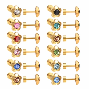 Set of 12 pairs of floral stainless steel stud earrings with colorful crystal centers