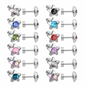 Macro view of 12-piece star stud earring set with multicolored zircons and screw backs