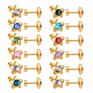 Set of 12 pairs of star-shaped stainless steel earrings with colorful zircon stones