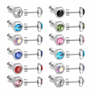 Detail showing 12 colors of hexagonal nut stud earrings with round cubic zirconia insets