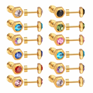 12 pairs of hexagonal gold earrings set with colorful zircon and flat screw backs