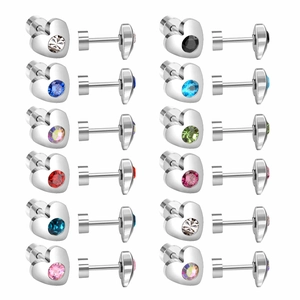 Set of 12 pairs of colorful heart shaped stainless steel stud earrings with crystals