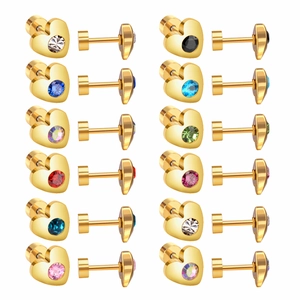 Set of 12 heart-shaped gold-plated stud earrings with colorful zirconia crystal stones