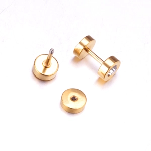 Detailed view of gold screw-back earrings featuring a clear round cubic zirconia crystal
